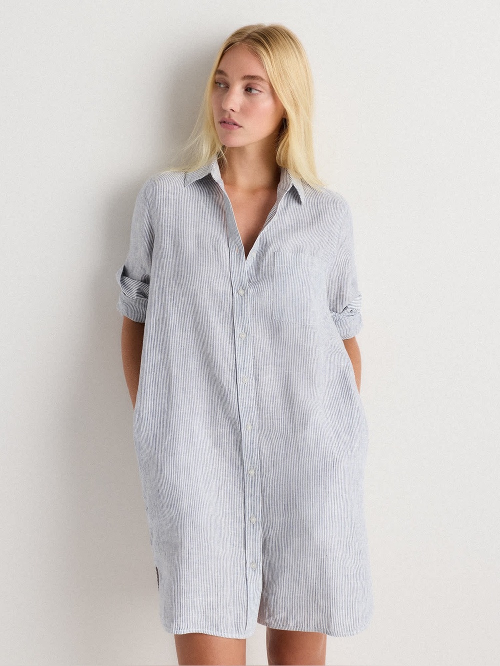 CP Shades Linen Striped Mini Dress Long Sleeve